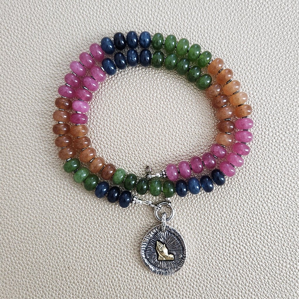 Midnight Garden Multicolor Jade Necklace W/ 925 Praying Hands Pendant--19"